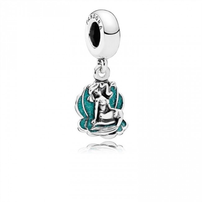 Pandora Jewelry Disney-Ariel & Sea Shell Dangle Charm-Glittery Seafoam Green Enamel